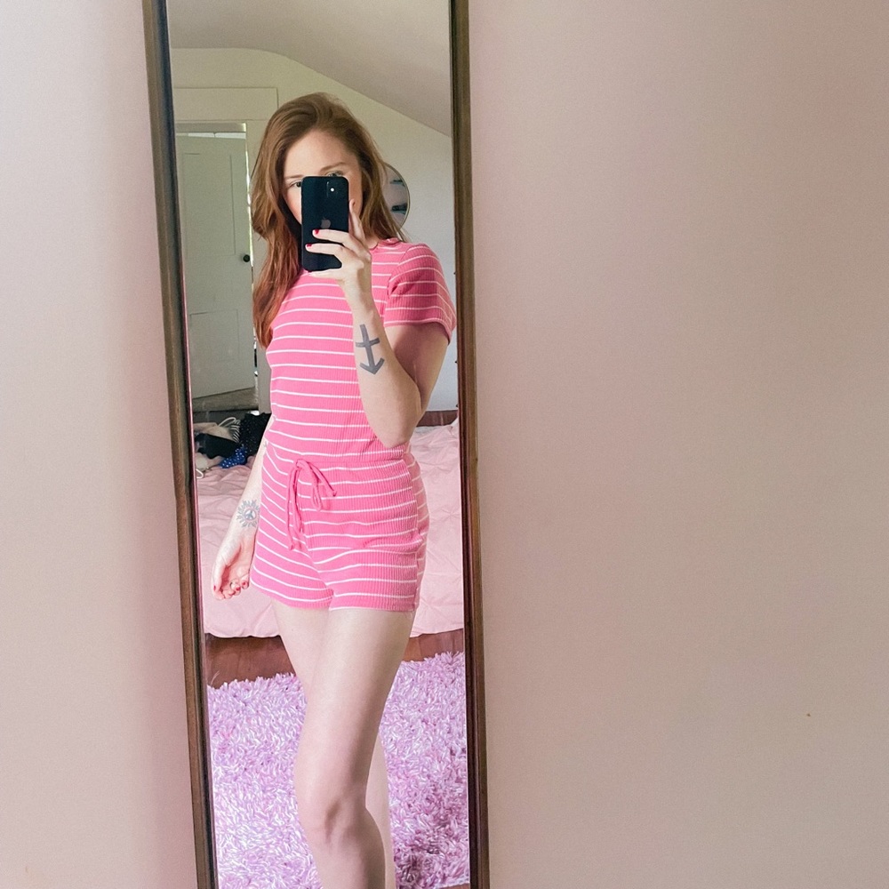 Pink Lily Pink and White Striped Romper Size Large